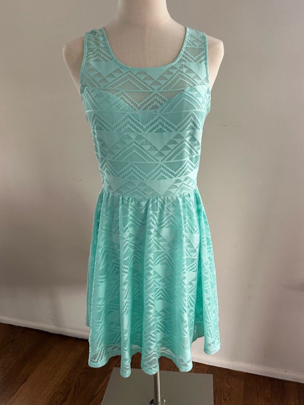 Teal Textured Fit & Flare Dress – Geometric Pattern, Scoop Neck, Size M